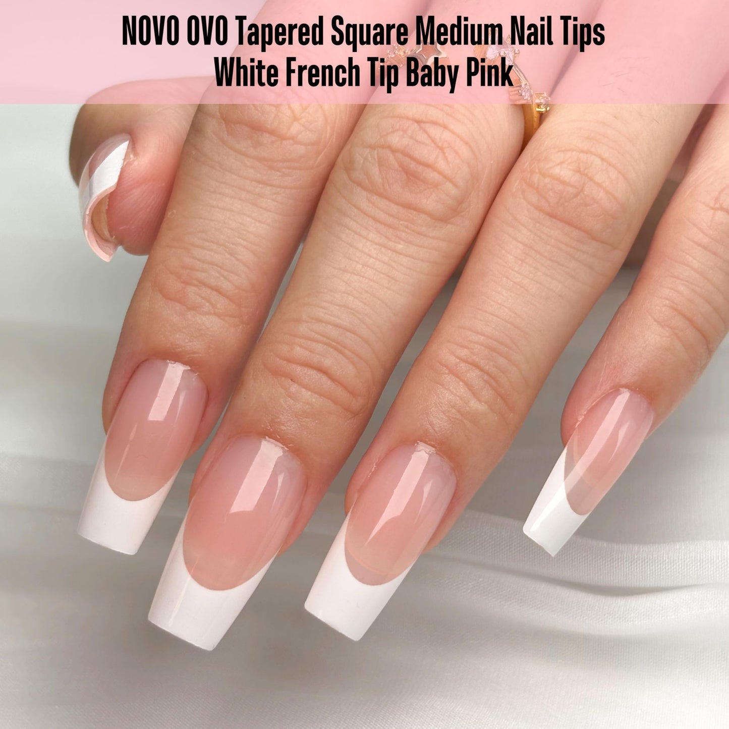NOVO OVO White French Tip Medium Coffin Nail Tips Press on, BABY PINK, Extra Thick Soft Gel Fake Nail Acrylic Extension, Need Builder Gel Top Coat, No Glue Included, for Salon DIY 15 Sizes x 240 pcs