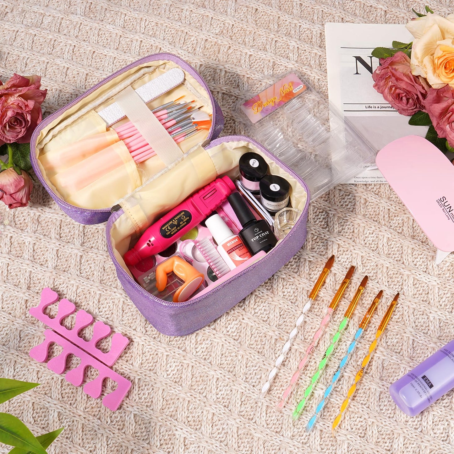 Nail Kit for Beginners with Everything: Acrylic Nail Set Professional Drill Powder Liquid Starter Kits with U V Lamp in Cosmetic Gift Bag for Women Salon Home(Purple)