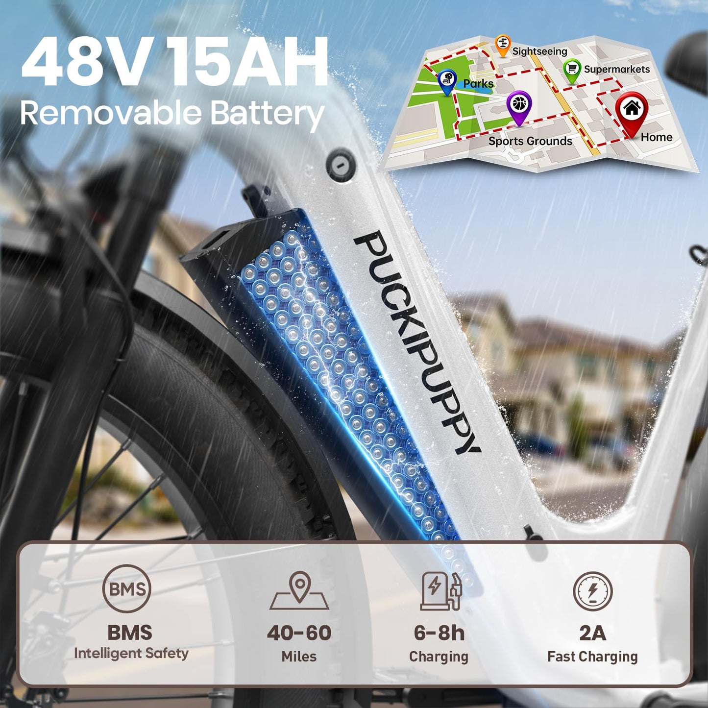 PUCKIPUPPY Electric Bike for Adults 960W, 26" Fat Tire, Step-Through Design Electric Mountain Hunting Bike, 48V 15AH Max 28MPH Off-Road Ebike with Rear Storage Shelf (White)