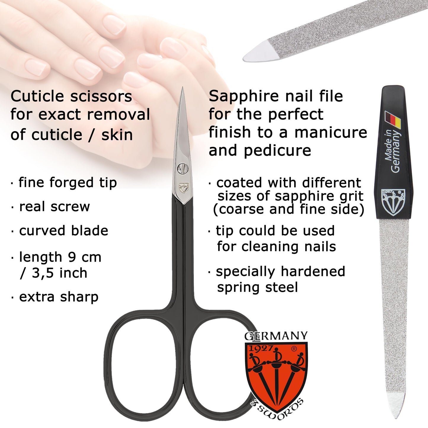 3 Swords Germany - Brand Quality 6 piece Manicure Pedicure Grooming kit Set - Scissors, Metal and Glass Nail File, Clipper, Tweezers with Synthetic Leather case - White/Black Tools