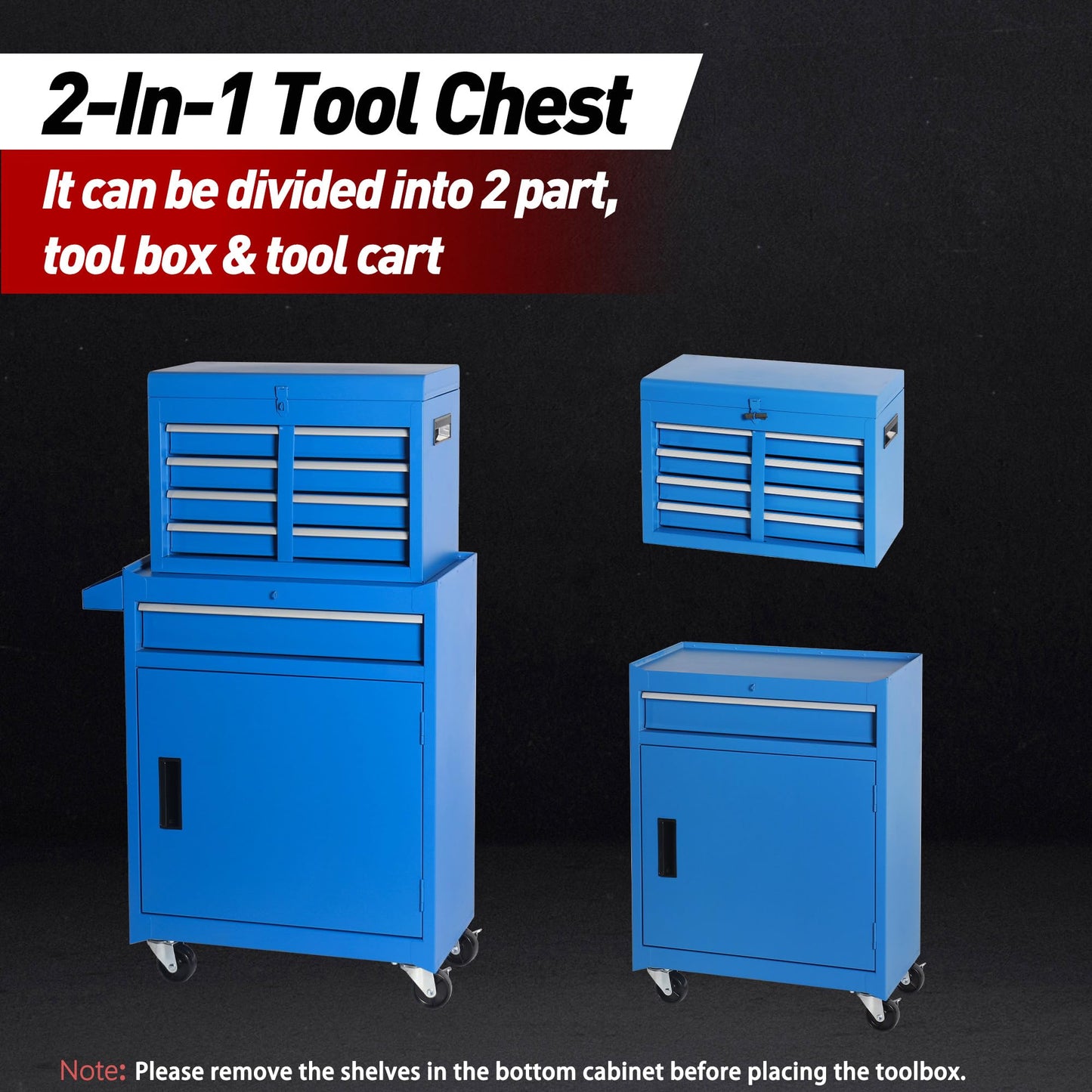 Fsazub 5 Drawers Tool Cart with Wheels & 1 Cabinet,Detachable Portable Top Box,Lock Rolling Tool Chest Trolley Organizer Set,Multifunctional Tool Box w/Storage Lockers for Garage & Workshop (Blue)
