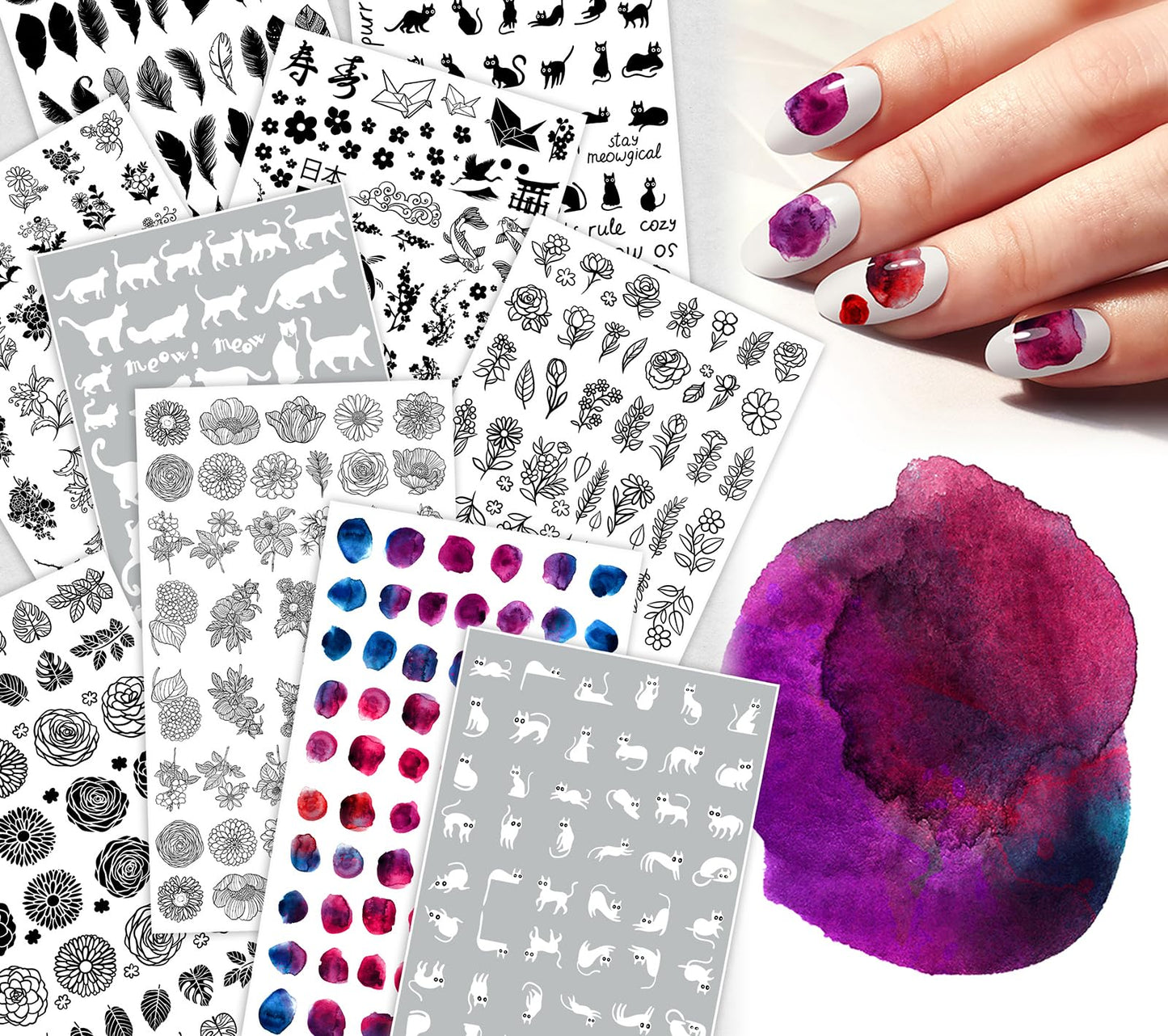 Nail Decals [10 Sheets] Monochrome Line Art Stickers Set Black White Florals Cats Symbols Watercolor dots Mixed Minimal Designs Creating Artistic Expressive Manicure Styles Stylish Modern Nail Looks