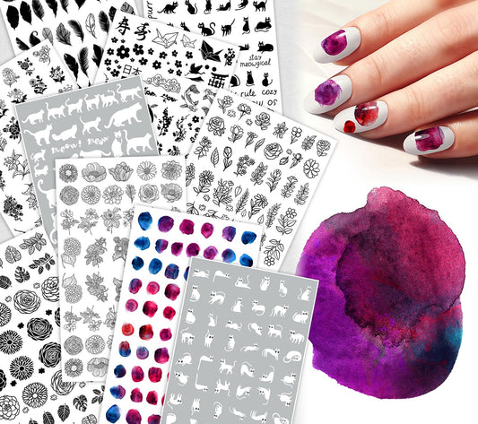 Nail Decals [10 Sheets] Monochrome Line Art Stickers Set Black White Florals Cats Symbols Watercolor dots Mixed Minimal Designs Creating Artistic Expressive Manicure Styles Stylish Modern Nail Looks