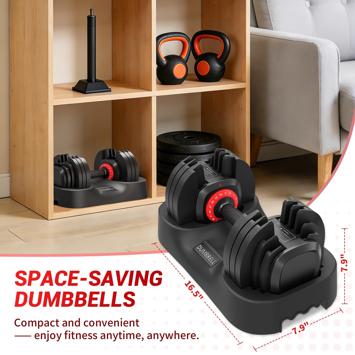 Adjustable Dumbbell Set. 56LBS Free Weight Dumbbell. Fast Adjust Weight Set with Anti‑Slip Handle & Storage Tray. Ideal for Home Gym Strength Training Fitness Equipment