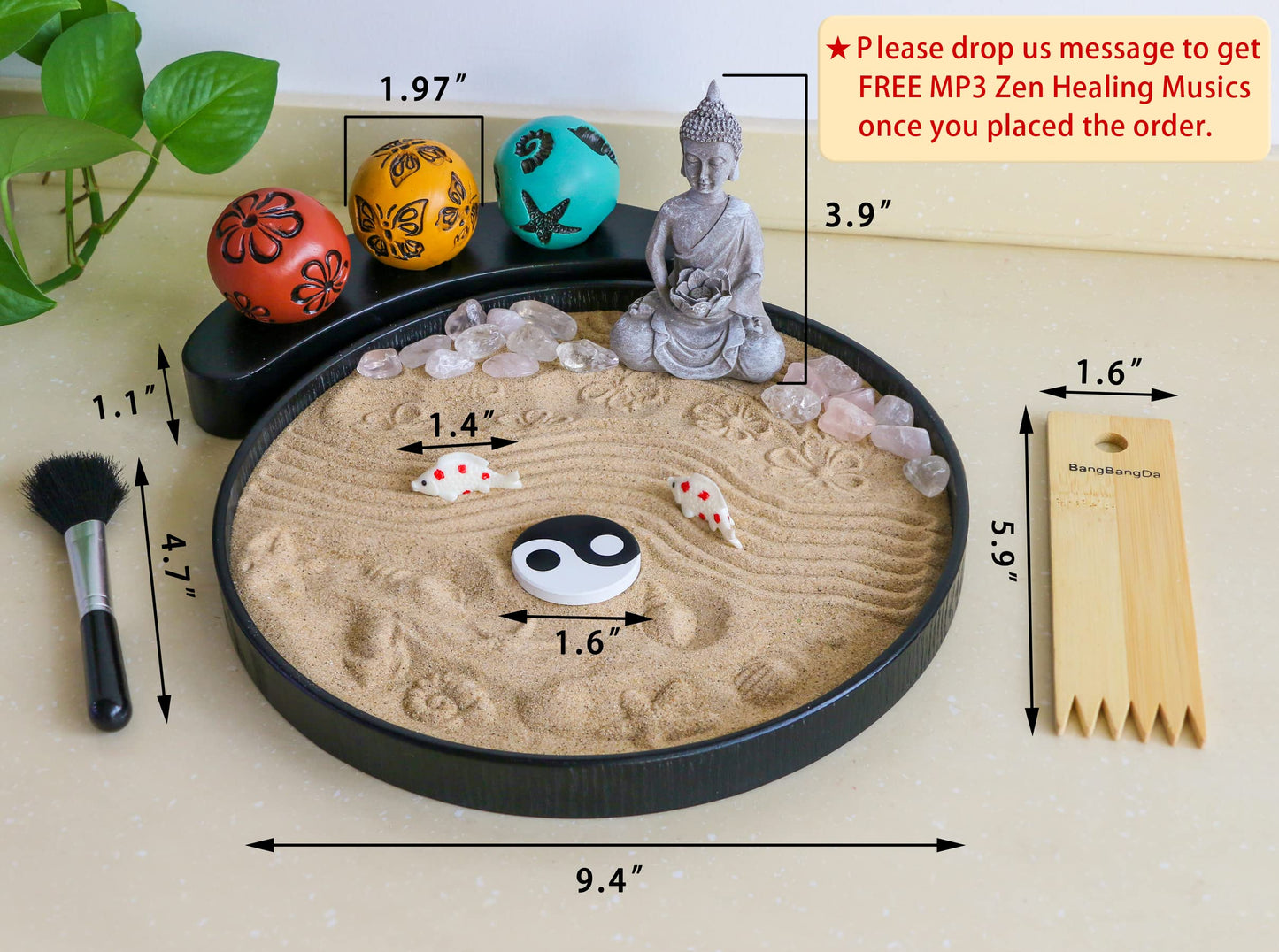 Japanese Meditation Buddha Zen Garden Kit - Tabletop Crystal Rock Sand Garden for Desk Sandbox w/Zen Rake Stamp Spheres Accessories Tools Healing Stone Office Relaxation Decor Gift