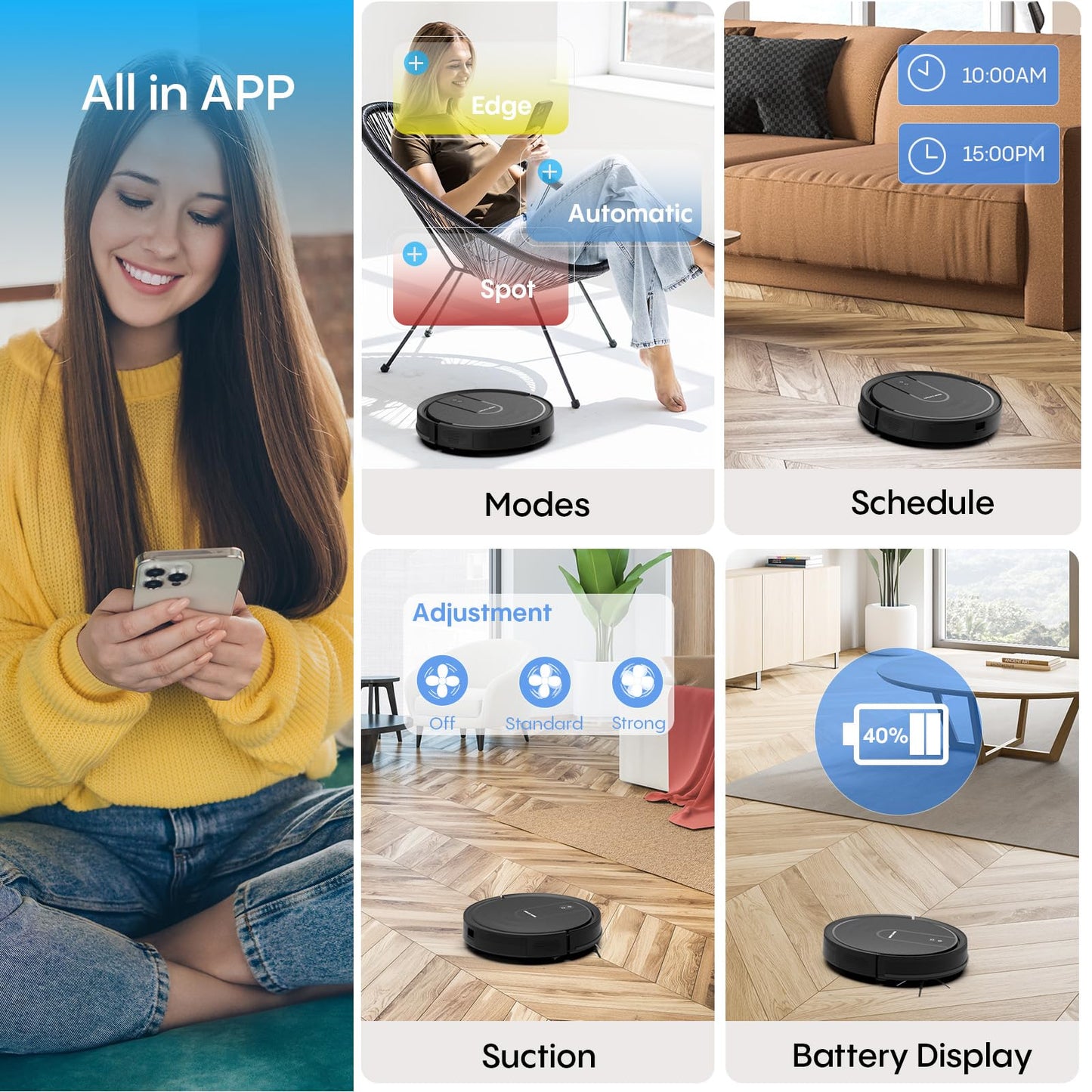 Bagotte Robot Vacuum and Mop Combo, Robotic Vacuum with 5000Pa, Schedule, 4 in 1 Robotic Vacuum Cleaner, Quiet Slim,Self-Charging,Wi-Fi/Voice/App,Perfect for Pet/Hard Floors,/Carpet