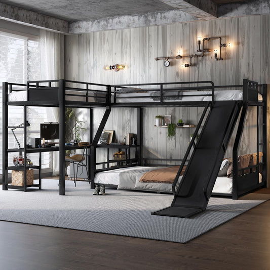 Metal Twin XL Over Queen Bunk Beds with Twin XL Loft Bed, Heavy Duty Triple Bunk Bed Frame with Slide and Desk,L-Shaped Triple Bunk Beds with Storage Shelves for 3 Kids,Black