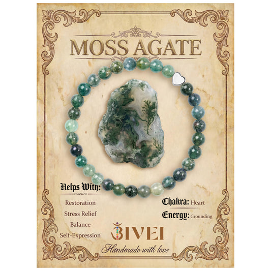 Bivei 6mm Moss Agate Crystal Stretch Bracelets for Women, Handmade Natural Stone Beaded Bracelet, Yoga Protection Jewelry Gift