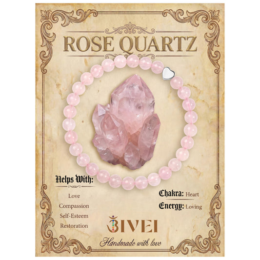 Bivei 6mm Rose Quartz Crystal Stretch Bracelets for Women, Handmade Natural Stone Beaded Bracelet, Yoga Protection Jewelry Gift