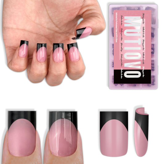 MUTIOVO Black French Tip Short Straight Square Nail Tips Press on, BERRY PINK Extra Thick NEED Soft Gel Nail Extension, Need Builder gel & Top,Coat Full Cover False Nails, for DIY x 15 Sizes 150 pcs