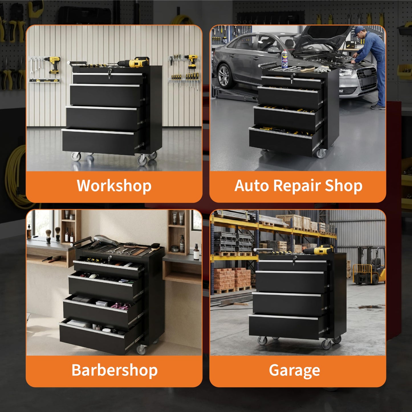PeakPursuit 4-Drawer Rolling Tool Chest with Lock System, Portable Tool Box with Wheels, Secure Storage Cabinet for Warehouse, Workshop, and Repair Shop, Black