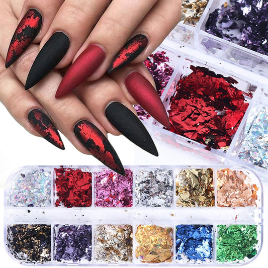 12 Colors Holographic Nail Glitter Foils, Sparkly Ultra-Thin Aluminum Foil Nail Art Flakes Design, Acrylic Nails Supplies for Women Girls Manicure Tips Charm Decorations DIY Shiny Nails Art Set