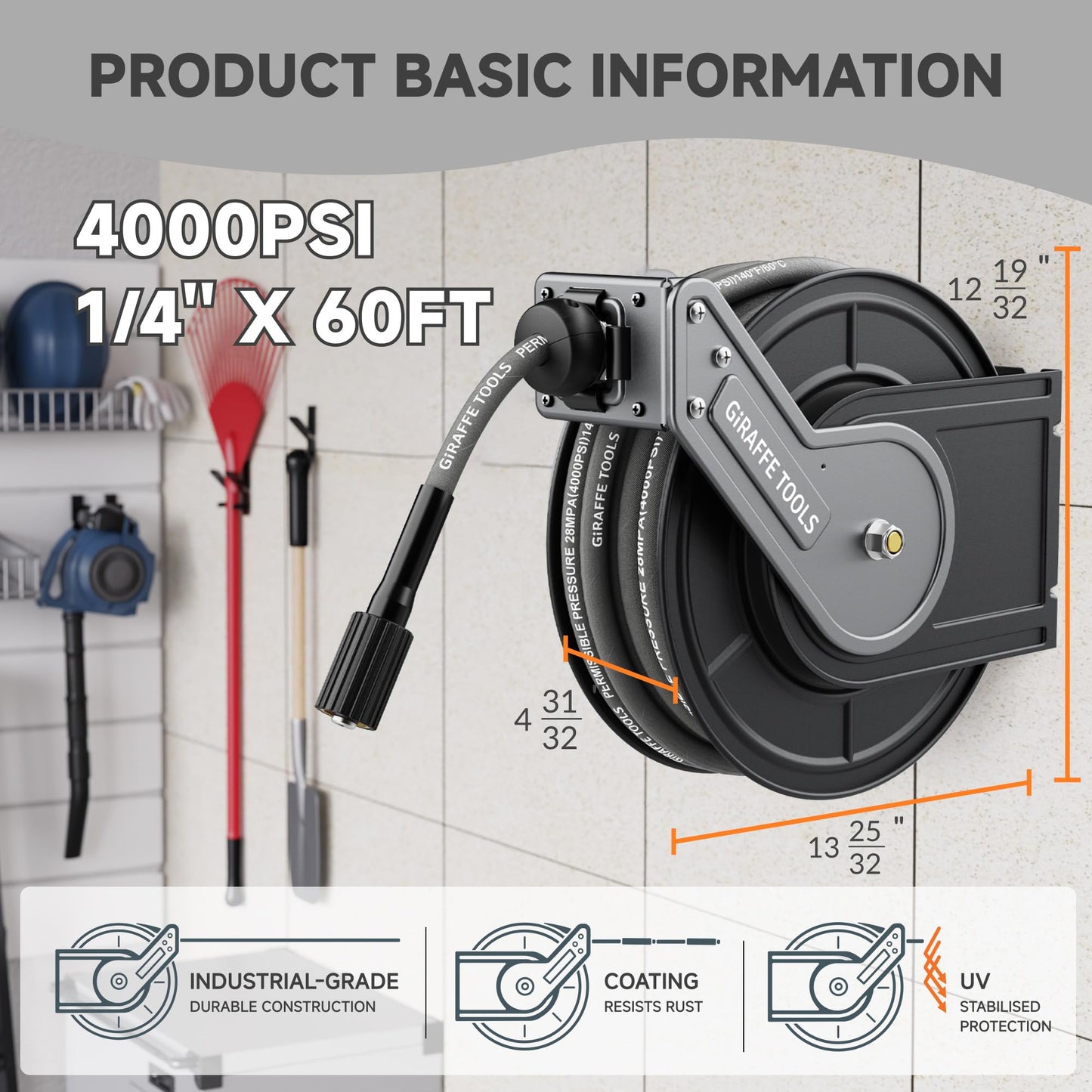 Giraffe Tools Pressure Washer Hose Reel, 1/4" × 60ft Auto Rewind Hose Reel, Wall/Floor Mounted with Adjustable Guide Arm, 4000 PSI