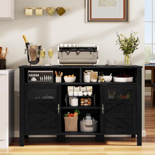 YITAHOME 55'' Farmhouse Buffet Cabinet with Storage, Large Sideboard Cabinet with 2 Doors & Open Storage, Versatile Coffee Bar Table for Kitchen & Living Room (Black)