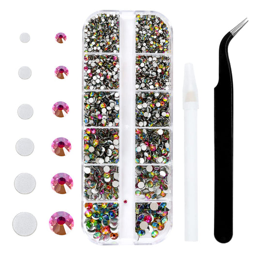 Meibite Rainbow Glass Flatback Rhinestones for Nails, Crafts & Clothes – 4240PCS 6 Sizes (SS6–SS20) Crystal Gems Kit with Tweezers & Picker, Non Hotfix DIY Rhinestones for Tumblers, Shoes, Nail Art