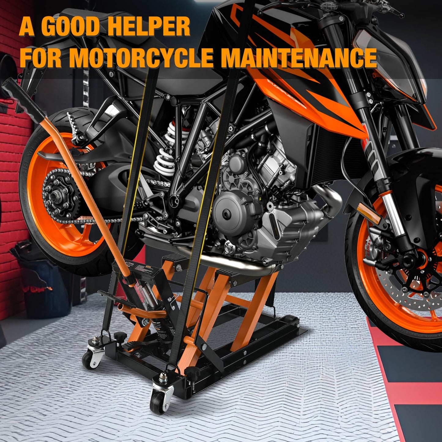 Nilight Motorcycle Lift Jack 1500 LBS Hydraulic Lifts ATV Scissor Jacks with Wheel Foot Pedal Handle Ratchet Belt Heavy Duty Lifter Stand Hoist Table for Dirt Bike Garage Storage Repair Tool,Orange