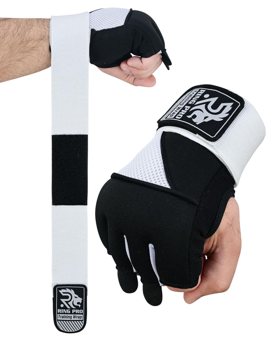 RING PRO Boxing Gel Hand Wraps Quick Inner Gloves with Wrist Support, Woven Elastic Training Wraps for Boxing, MMA, Muay Thai & Kickboxing, Men & Women (Black/White, X-Large)