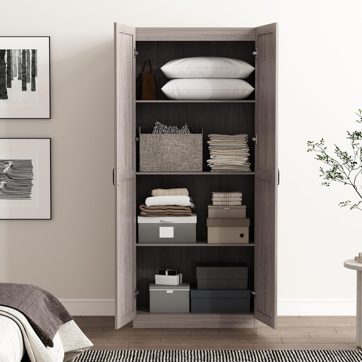 Manhattan Comfort Cornelia Modern Storage Cabinet with Doors and Shelves 2.0 - Tall Freestanding Wardrobe Closet with 4 Adjustable Cubbies for Bedroom or Linen Use, Set of 1, Grey
