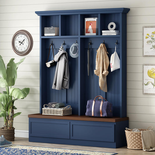 Merax Wood Hall Tree with 6 Hooks & Entryway Bench, Farmhouse Mudroom Versatile Coat Racks with 2 Large Drawers, Entrance Organizer for Hallway, Blue