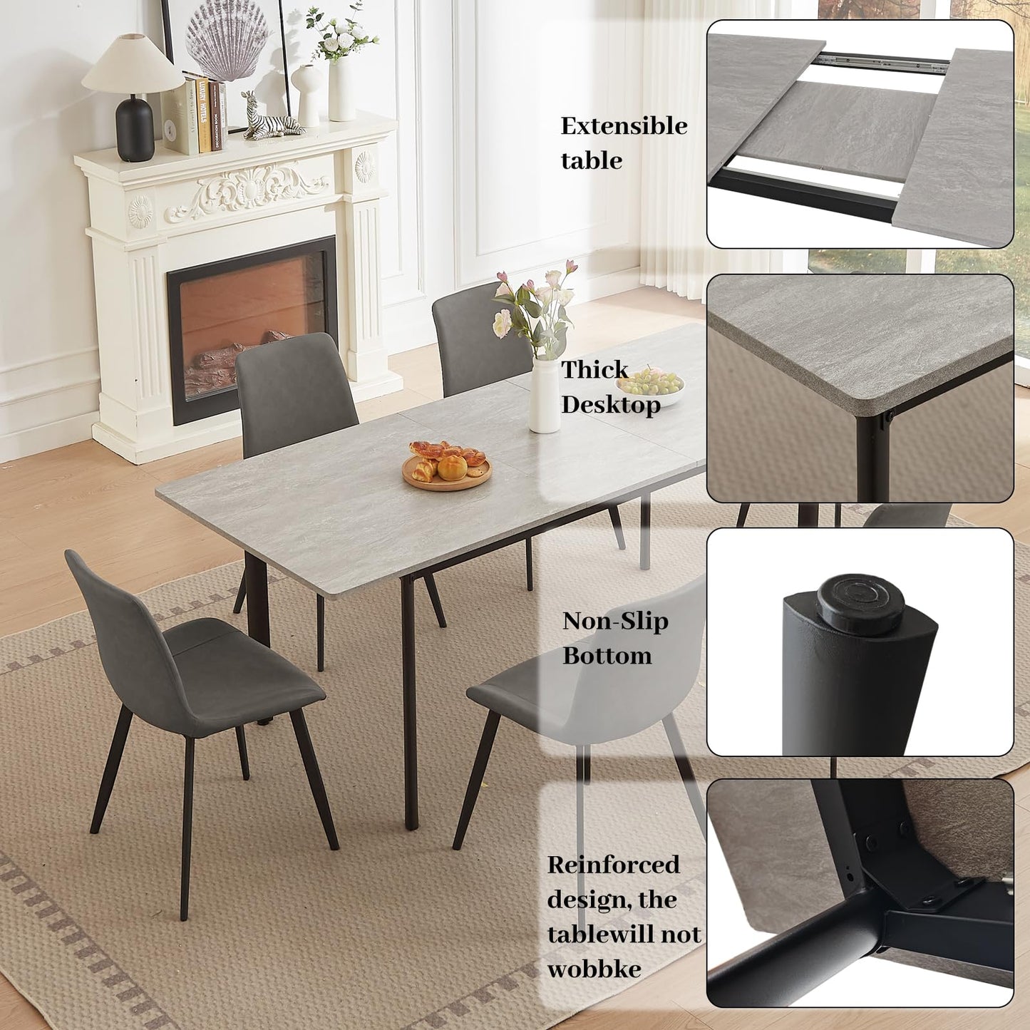 HIPIHOM 63"- 78.7" Extendable Dining Table Set for 6, Modern Kitchen Table with 6 Dining Chairs for 4-6 Person, Thickened Expandable Wooden Table with Metal Legs for Dining Room, Kitchen