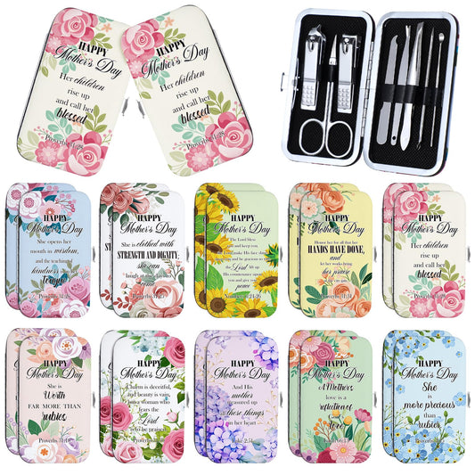 Chumia 20 Sets Mother's Day Christian Nail Set Bulk Bible Scripture Manicure Kit Stainless Steel Nail Clipper Set Happy Mother's Day Floral Religious Christian Gift for Mom Women Church Supplies