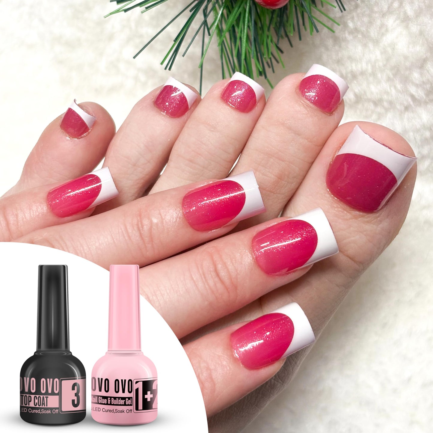 NOVO OVO French Tip Solution Kit, Including One Muti-function UV Nail Glue (also can work as Builder Gel) 10 ml, One Premium Top Coat 10ml for Pre-designed False Nail Tips Easy to Use 30 days lasting