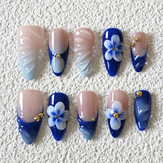 Luxury Press on Nails Medium Almond Handmade 3D French Tip Unique Reusable ABS Material Fake Nails Blue False Nails with Designs Pearls Floral Art Petal Glossy Glue on Nails Thick Acrylic Nails(S)