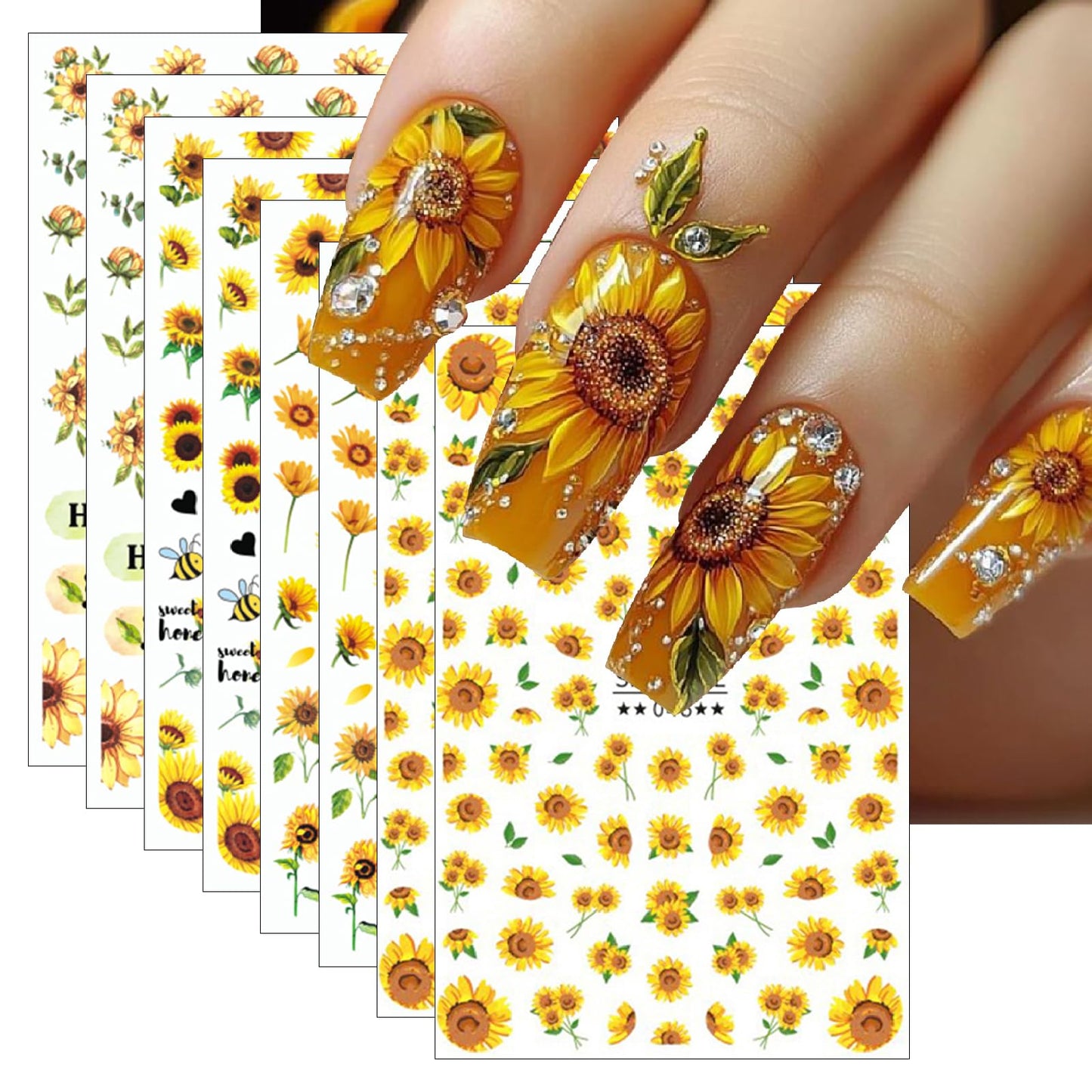 8Sheet Spring Summer Sunflower Nail Art Stickers Yellow Floral Nail Stickers 3D Self-Adhesive Letter Nail Decal, Yellow Flower Butterfly Bee Nail Designs for Women Manicure Decoration Nail Supplies