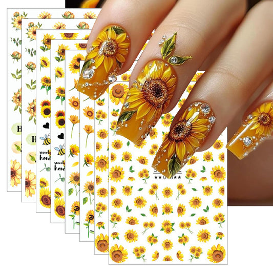 8Sheet Spring Summer Sunflower Nail Art Stickers Yellow Floral Nail Stickers 3D Self-Adhesive Letter Nail Decal, Yellow Flower Butterfly Bee Nail Designs for Women Manicure Decoration Nail Supplies