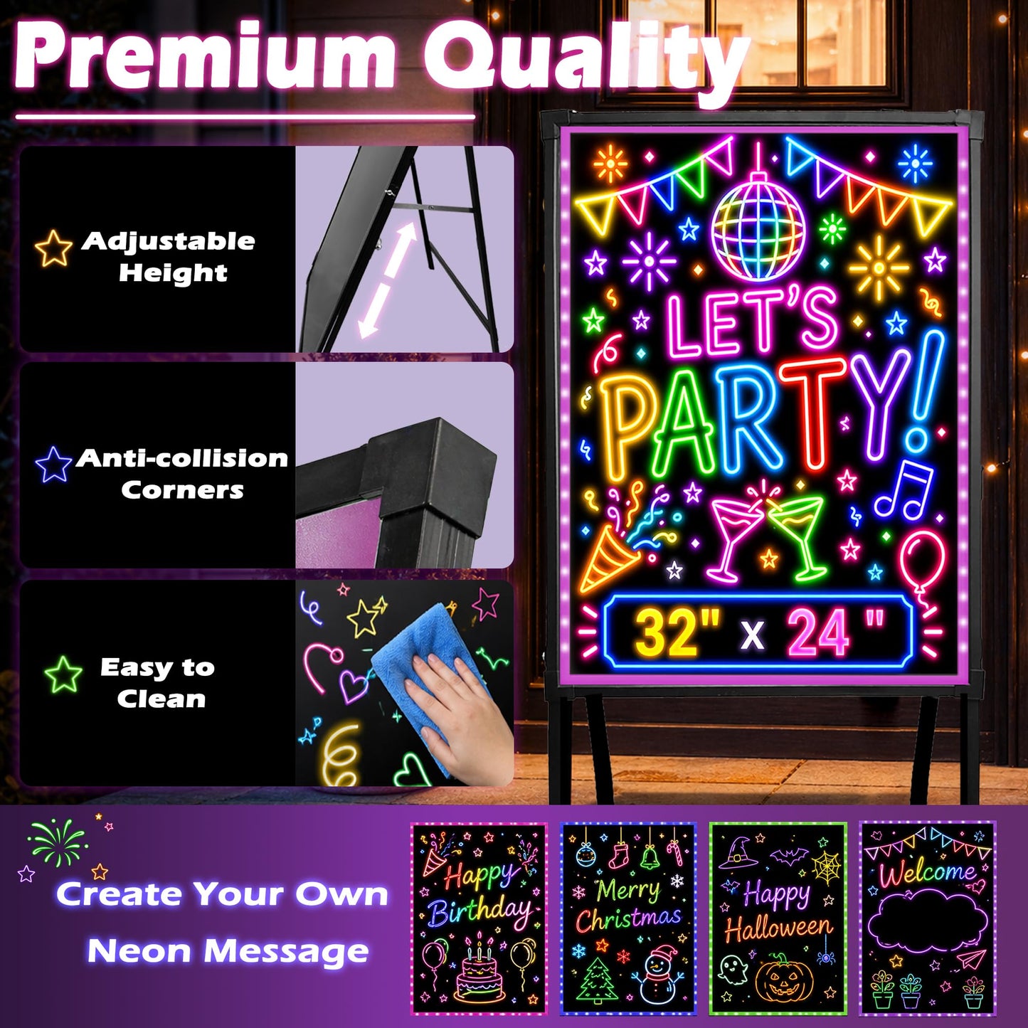Standing A-Frame LED Message Writing Board 32" x 24", Neon Menu Sign with Adjustable Height, Outdoor Menu Display Board with 8 Colors Markers and Remote Control, DIY Message Light Board