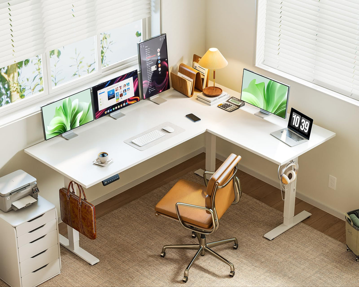 Casaottima 63 Inch Electric L-Shaped Standing Desk, Reversible Corner Desk with Height Adjustment, Large Ergonomic Workstation for Home Office, Reception Room, White