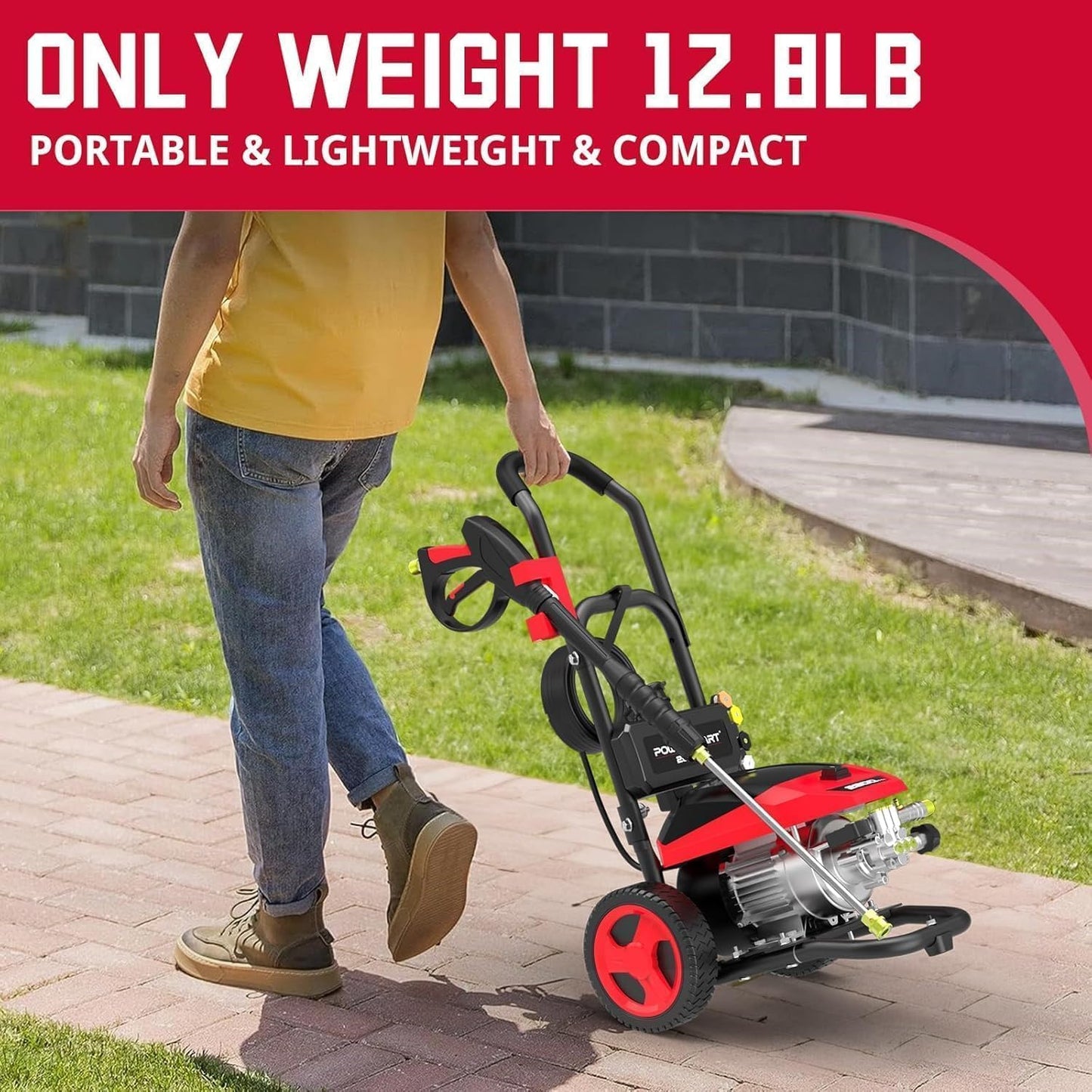 PowerSmart DB1002 2600 PSI Electric Pressure Washer with Induction Brushless Motor,3.0 GPM High Pressure Cleaner, 5 Nozzles, 8” Wheels, Detergent Tank, for Car, Patio, Fence, Driveway Cleaning