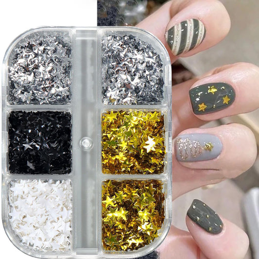 Christmas Nail Art Sequins 3D Stereo Stars Glitter Sequins Black White Gold Silver Star Nail Art Glitter Flakes Charistmas Day Nail Decorations Supplies Winter DIY Manicure Accessories for Women