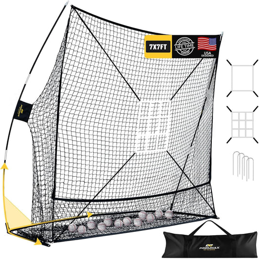 PodiuMax 7x7 Baseball & Softball Net with Large Ball Collection System, Upgraded Triangular Base, Softball Pitching Net with 2 Strike Zone, Baseball Nets for Batting, Pitching, Fielding