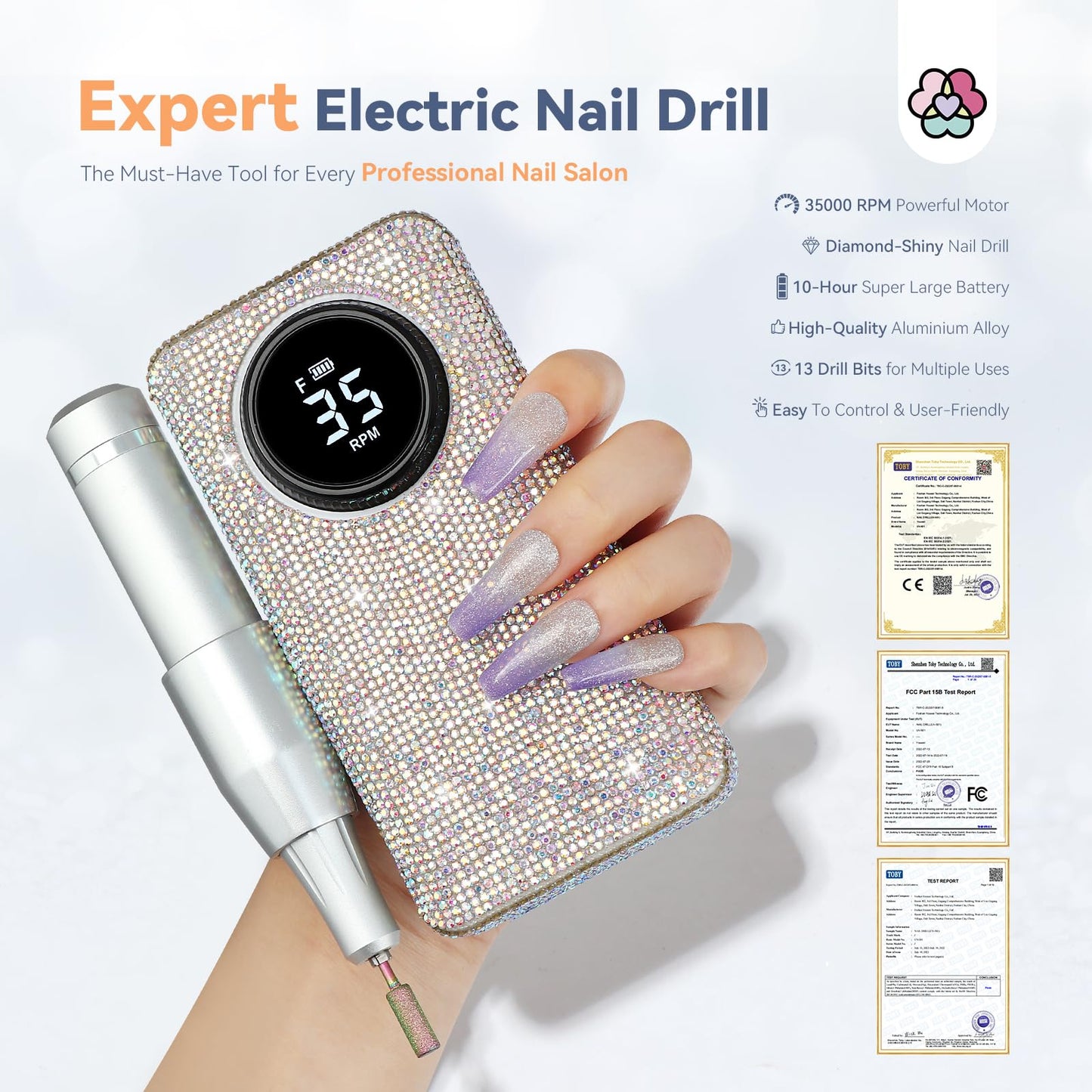 SAVILAND Professional Nail Drill Kit: 35000RPM Rhinestones Nail Drill for Nails Electric Nail File Professional Portable Efile with Drill Bits Nails Filer Buffer Salon Home Manicure Pedicure