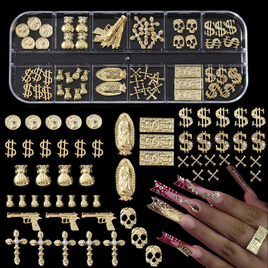 ZUMILLMN 58PCS 3D Nail Charms - Gold Alloy Dollar, Gun, Virgin Mary,Cron & Cross Charms, Shiny Nail Rhinestones for Nail Art, Manicure, DIY Jewelry Making