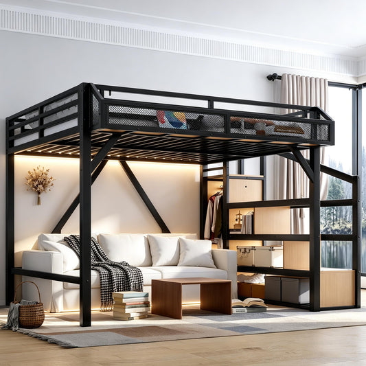 Bellemave Queen Size Loft Bed with Stairs and Wardrobe,Heavy Duty Metal Loft Bed Frame with Shelves,LED Lights and Charging Station for for Kids,Teens,Adults,Natural Wood