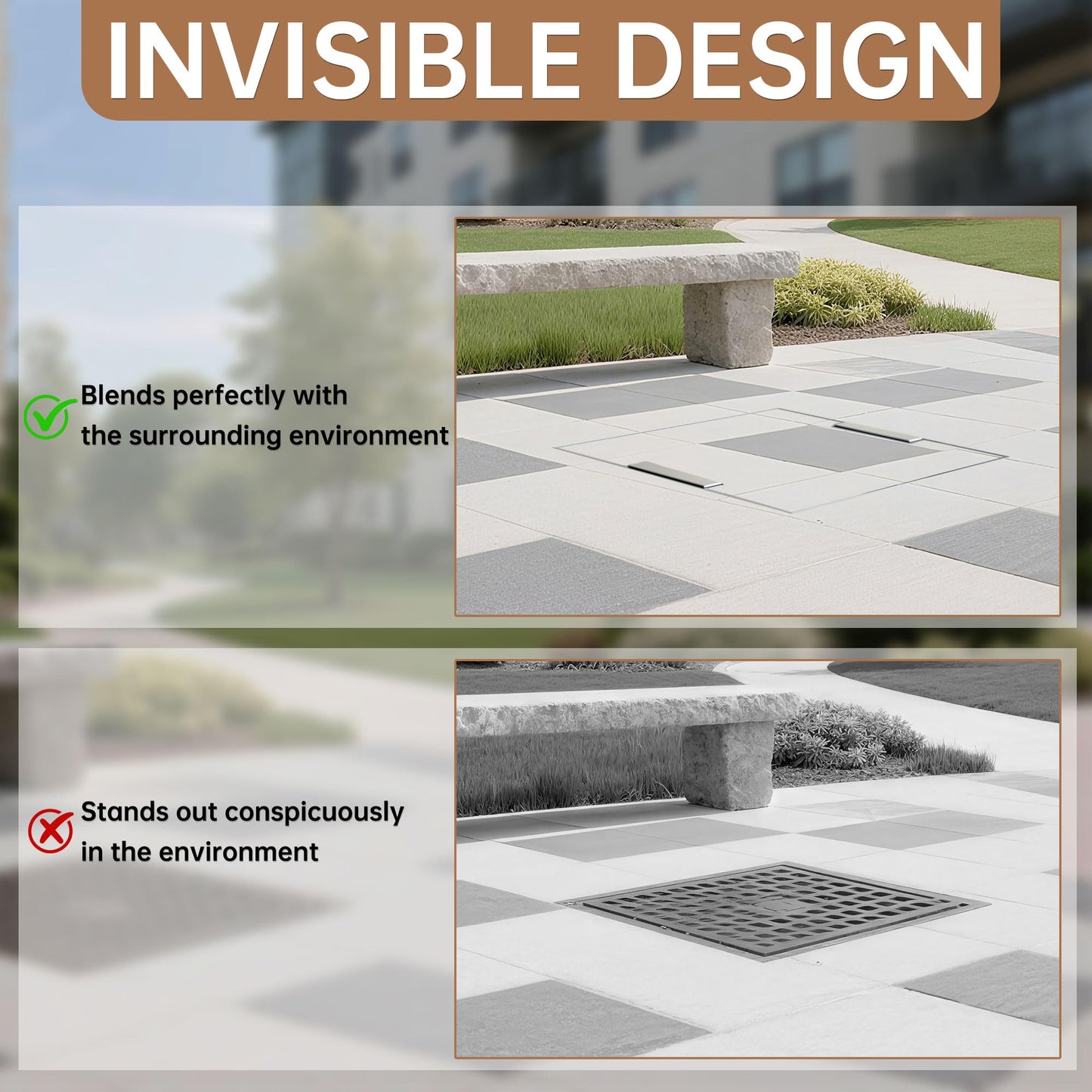 36x36 inch Stainless Steel Invisible Manhole Cover and Frame, Square Recessed Septic Tank Cover with Retractable Handle, for Walkway/Driveway