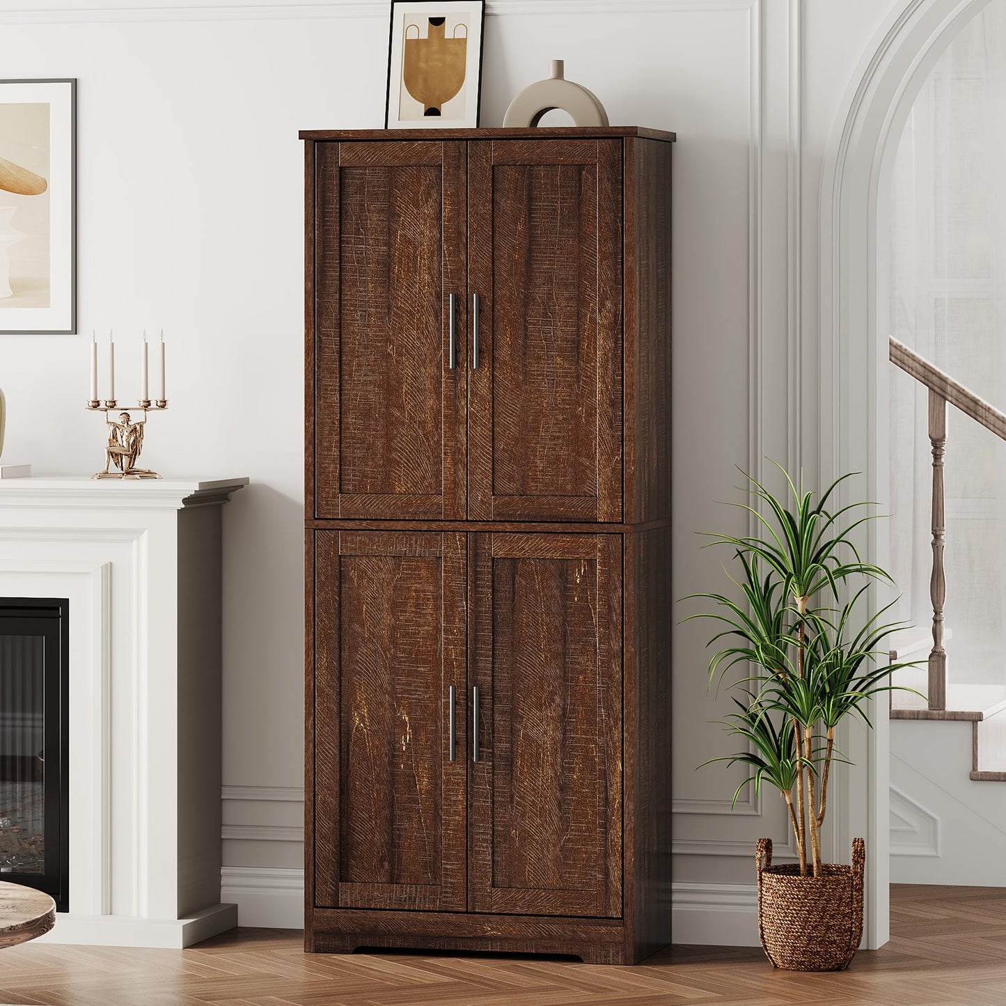 GarveeLife 70" Tall Kitchen Pantry,Farmhouse Storage Cabinet with Adjustable Shelves,Farmhouse Pantry Cabinet with 4 Barn Doors, for Kitchen,Dining Room,Living Room.(Rustic Brown)