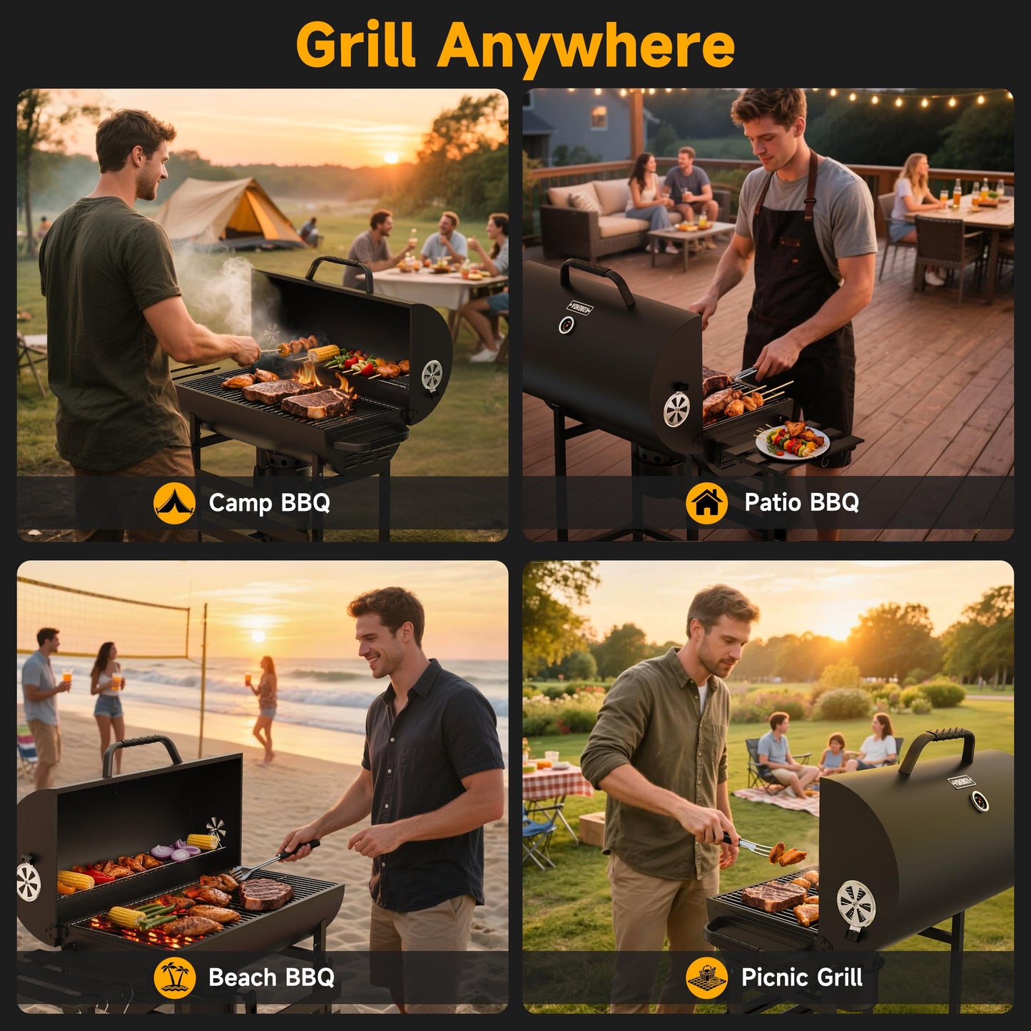 KOBENDA 29" Barrel Charcoal Grill, Spacious Smoker Barrel Barbecue Grill with Side Front Table, Outdoor Barbecue Grills for Backyard, Camping, and Picnics, Black