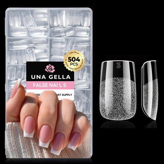 UNA GELLA Nail Tips Square: 504PCS Short Square Nail Tips Pre Etched Gel Fake Nails Tips, No C Curve For Women DIY Nail Extension French Style Salon Home Full Cover Soft Acrylic False Tips 12 Sizes