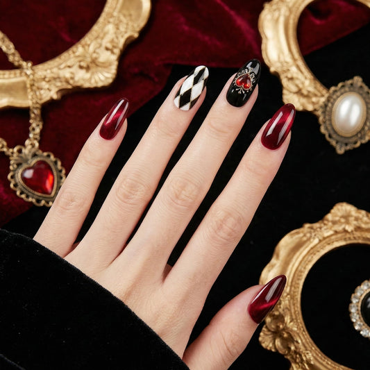 Almond Press on Nails Medium Fake Nails Red Artificial Nail Seeneey Heart Love Poker Stick on Nail for Women 30pcs