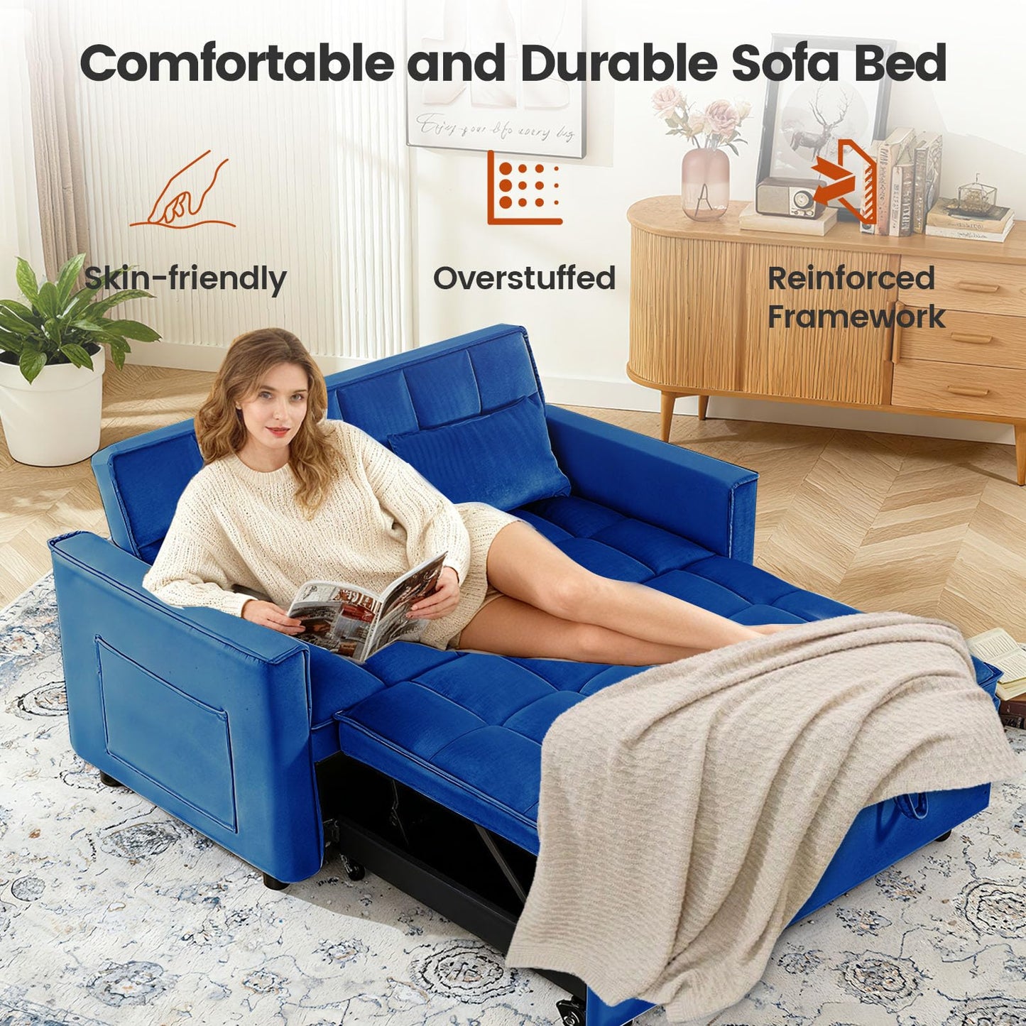 Trygoal Convertible Sofa Bed, Pull Out Couch with Side Pockets, 3 in 1 Velvet Fabric Loveseat Sleeper Sofa Bed, Pull Out Couch with Adjustable Backrest for Living Room, Bedroom, Apartment, Blue