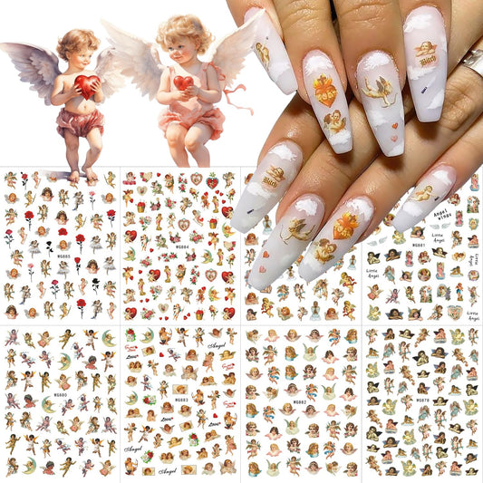 8 Sheets Angel Nail Art Stickers 3D Self-Adhesive Cupid Nail Decals Rose Flower Heart Wings Design Love Charms for Women Girls Acrylic Manicure Salon Decoration Kits