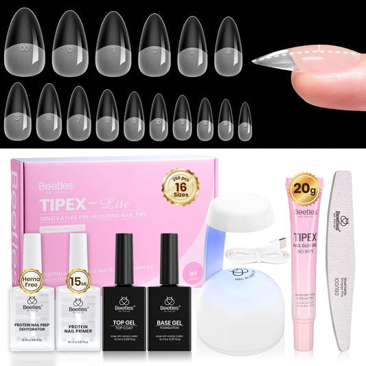 Beetles Tipex Lite Nail Tips Kit with Dehydrator & Primer, Medium Almond Full Cover Clear Nails 256PCS 16 Sizes, Mini UV Lamp, 20g Solid Nail Glue, Base & Top Coat, All-in-One Nail Starter Kit