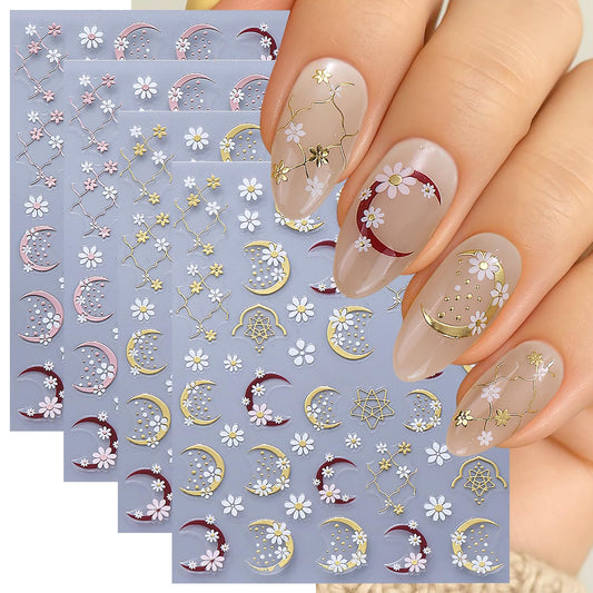 4 Sheets Flower Nail Stickers for Nail Art Pink Yellow Daisy Nail Decals Glitter Gilding Moon Nail Design Stickers 3D Self-Adhesive Flower Acrylic Nails Art Supply for Women Manicure Decorations Tips