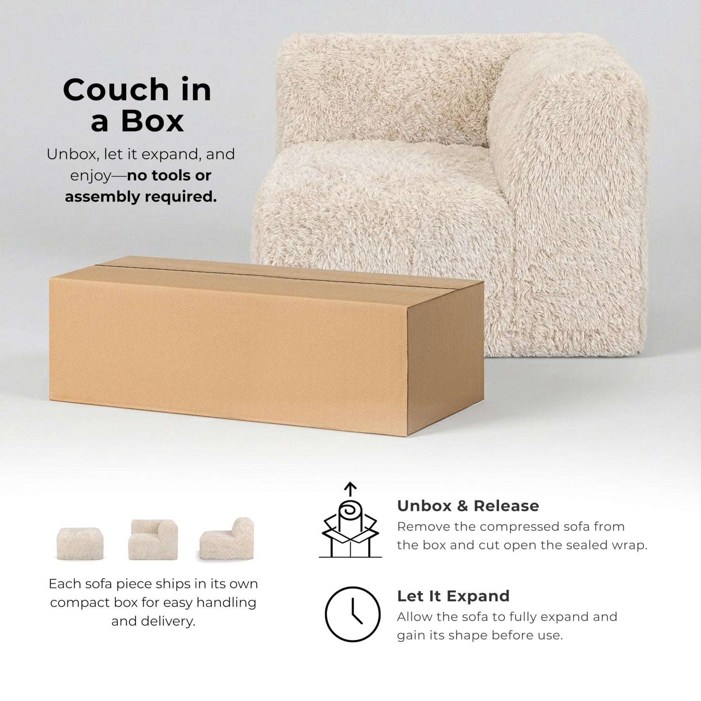 Furniture of America Havyn Modern Faux Fur 1-Seater Square Modular Foam Ottoman, Compressed Couch in a Box, No Assembly Required, for Living Room and Office, Taupe