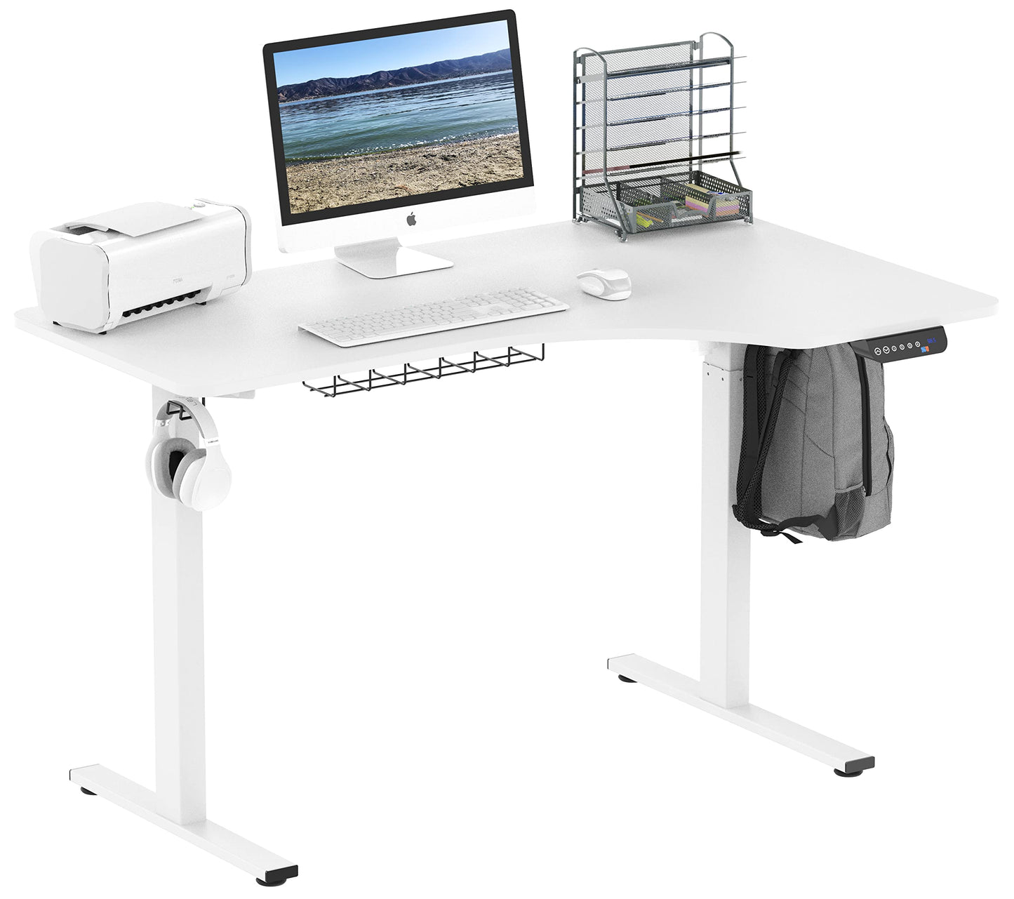 SHW 55-Inch Large Electric Height Adjustable L-Shaped Standing Desk with Right Facing Corner, White