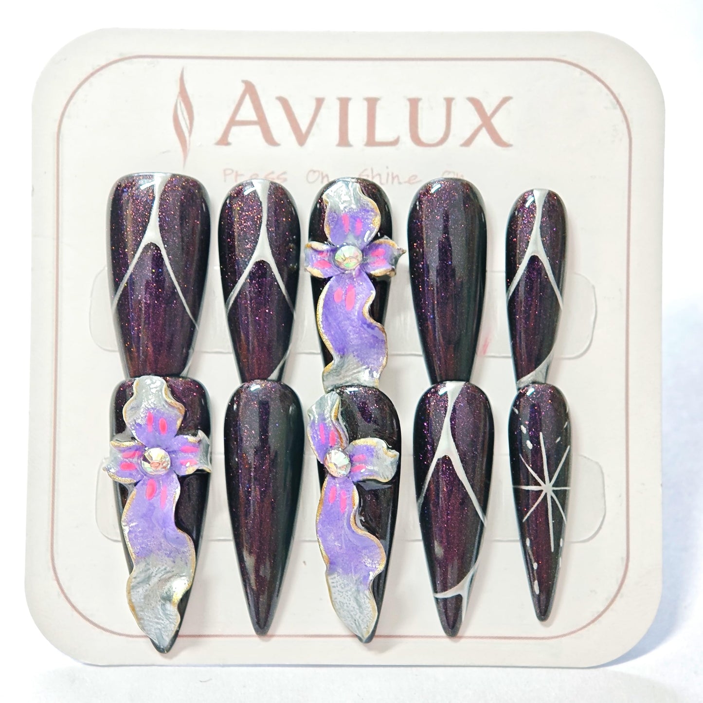 Avilux Press On Nails – Handmade, Reusable, 3D Designer Nail Art, 10Pcs Fake Nails for Women and Girls, Perfect for Holidays, Parties & Gifts (Mystic Orchid Glitter, Small)