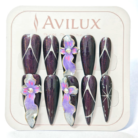 Avilux Press On Nails – Handmade, Reusable, 3D Designer Nail Art, 10Pcs Fake Nails for Women and Girls, Perfect for Holidays, Parties & Gifts (Mystic Orchid Glitter, Medium)